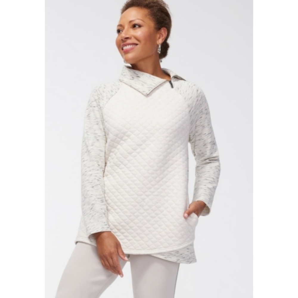 Chico's Cream and Gray Quilted Cowl Neck Zippered Sweatshirt